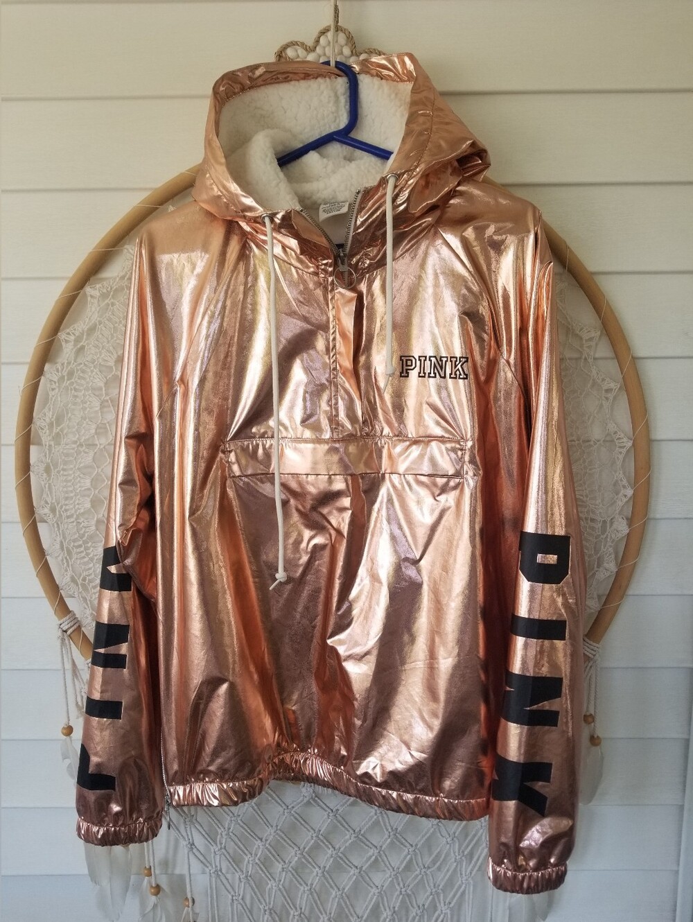 Victora  Secret's Pink Rose Gold Quater Zip Metallic Hoodie Size Medium